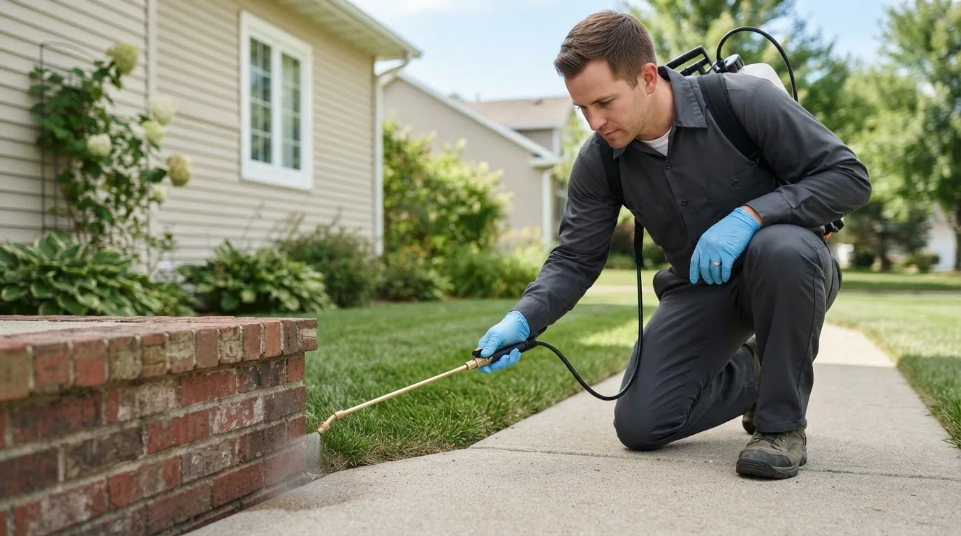 Pest control technician treating a home near Colebrook, CT